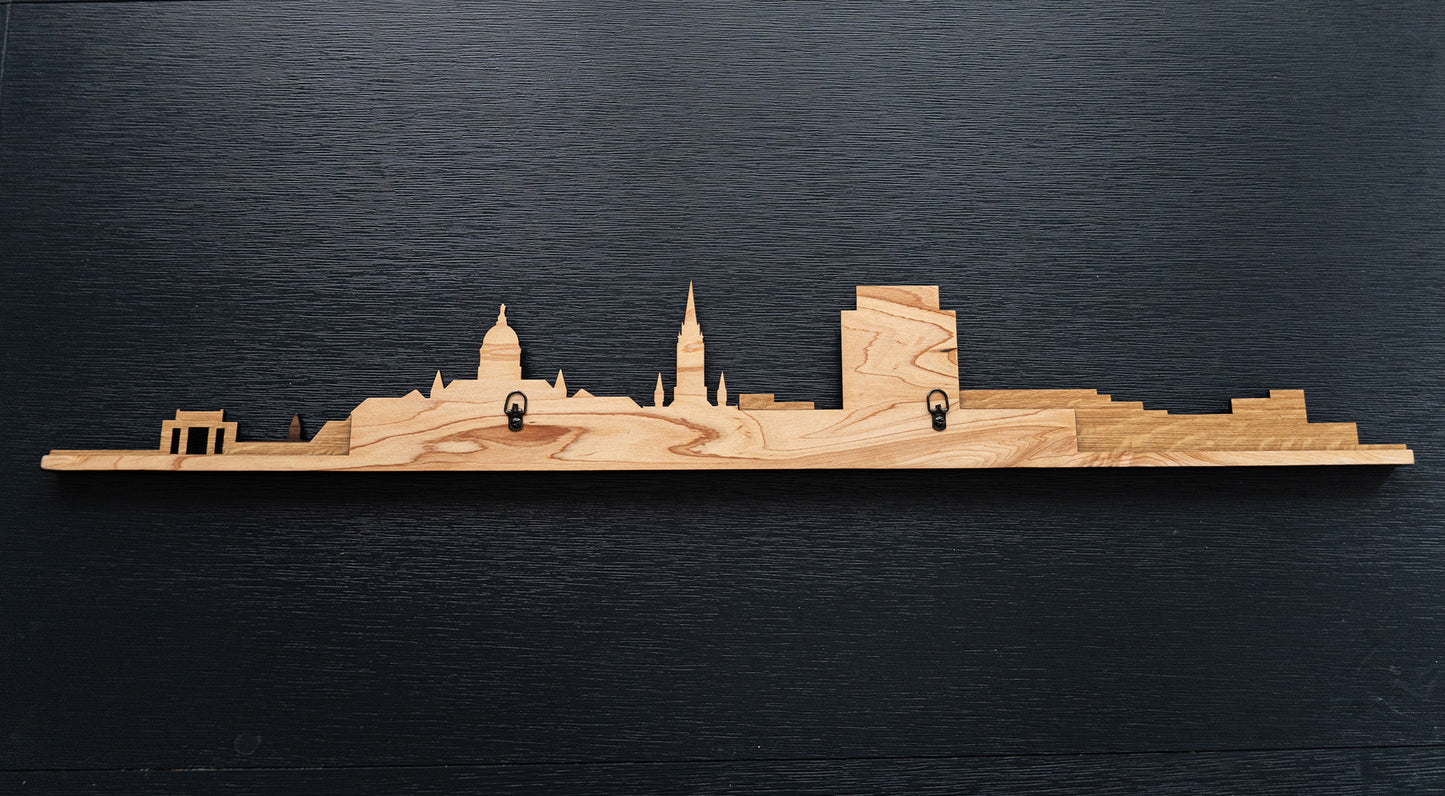Handcrafted wooden cutout art of the University of Notre Dame with included hanging brackets for easy display.