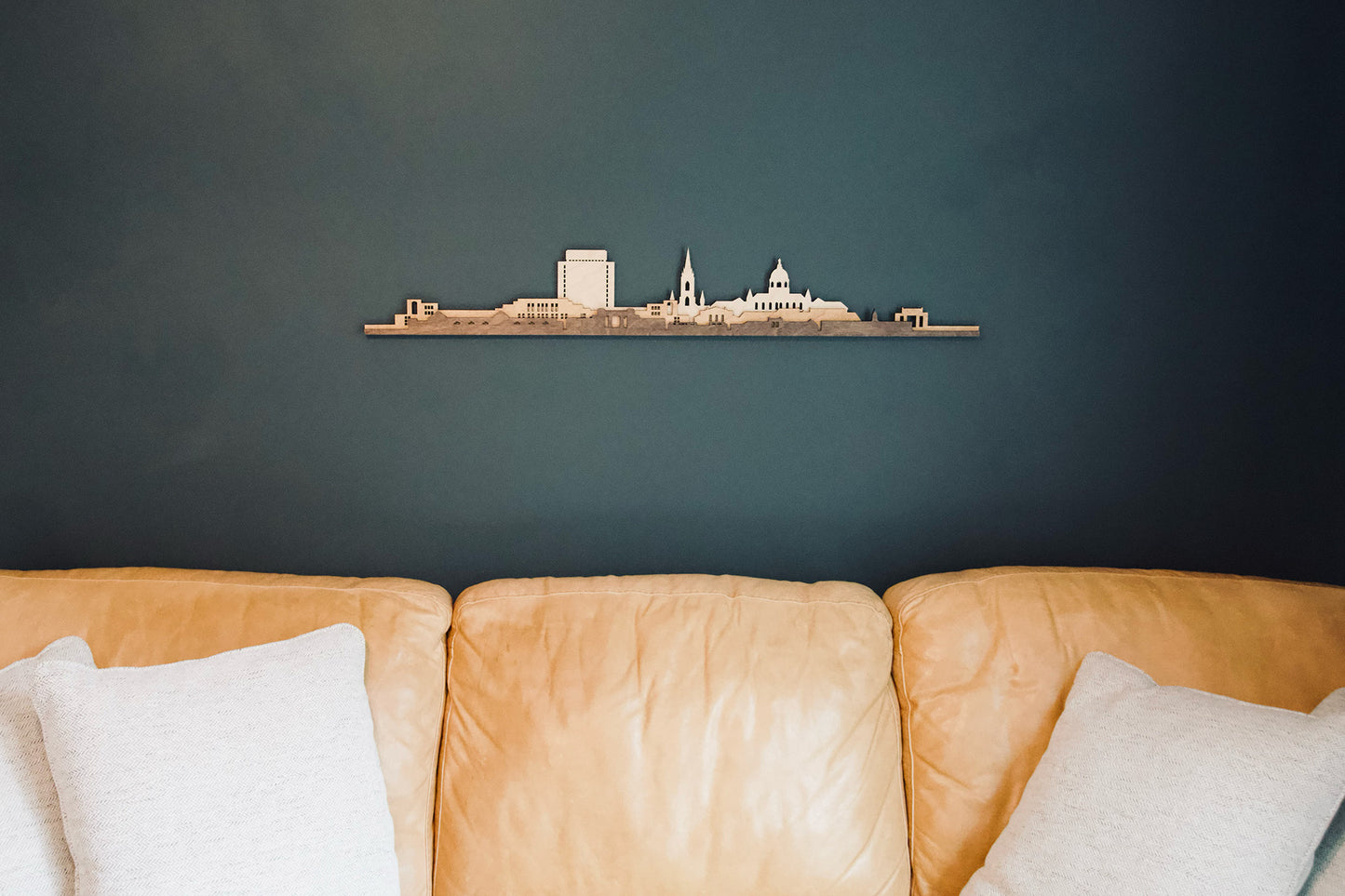 University of Notre Dame wooden cutout art showcasing the Golden Dome and Hesburgh Library.